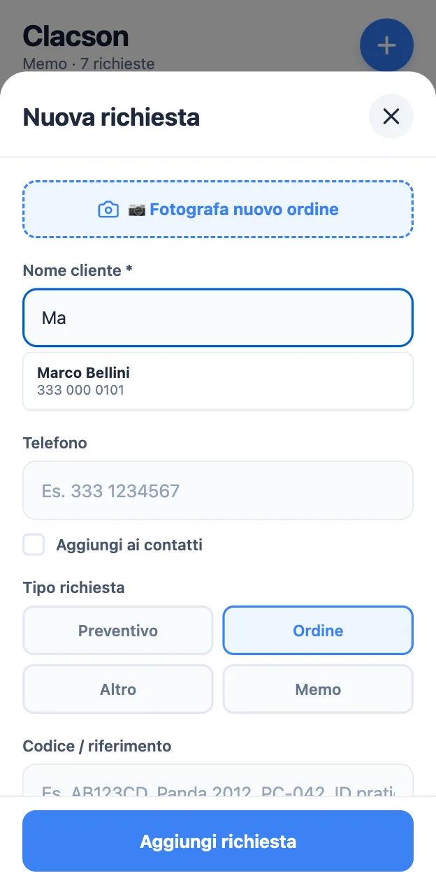 Finestra Nuova richiesta con autocompletamento del cliente