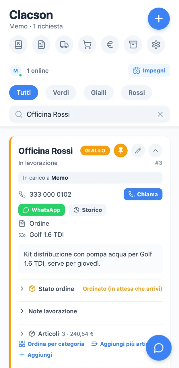 Card in lavorazione con operatore assegnato e note