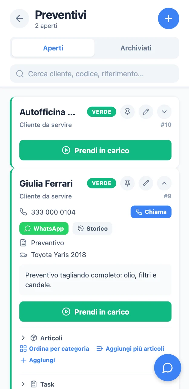 Elenco dei preventivi aperti