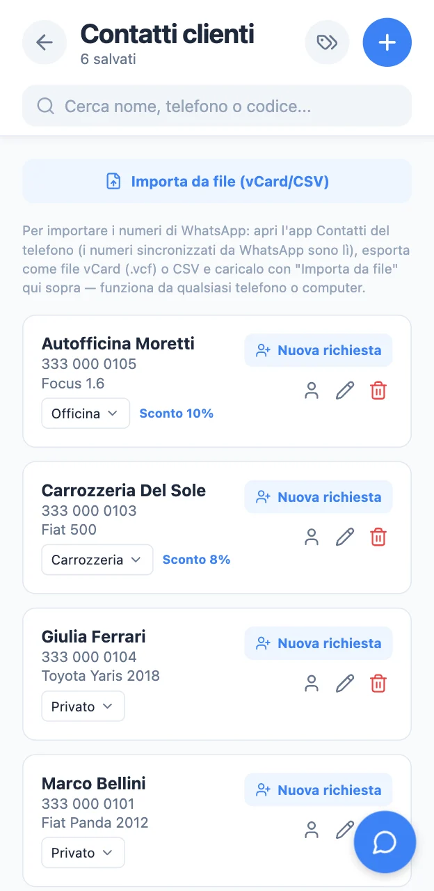 Rubrica clienti con tipologie e sconti