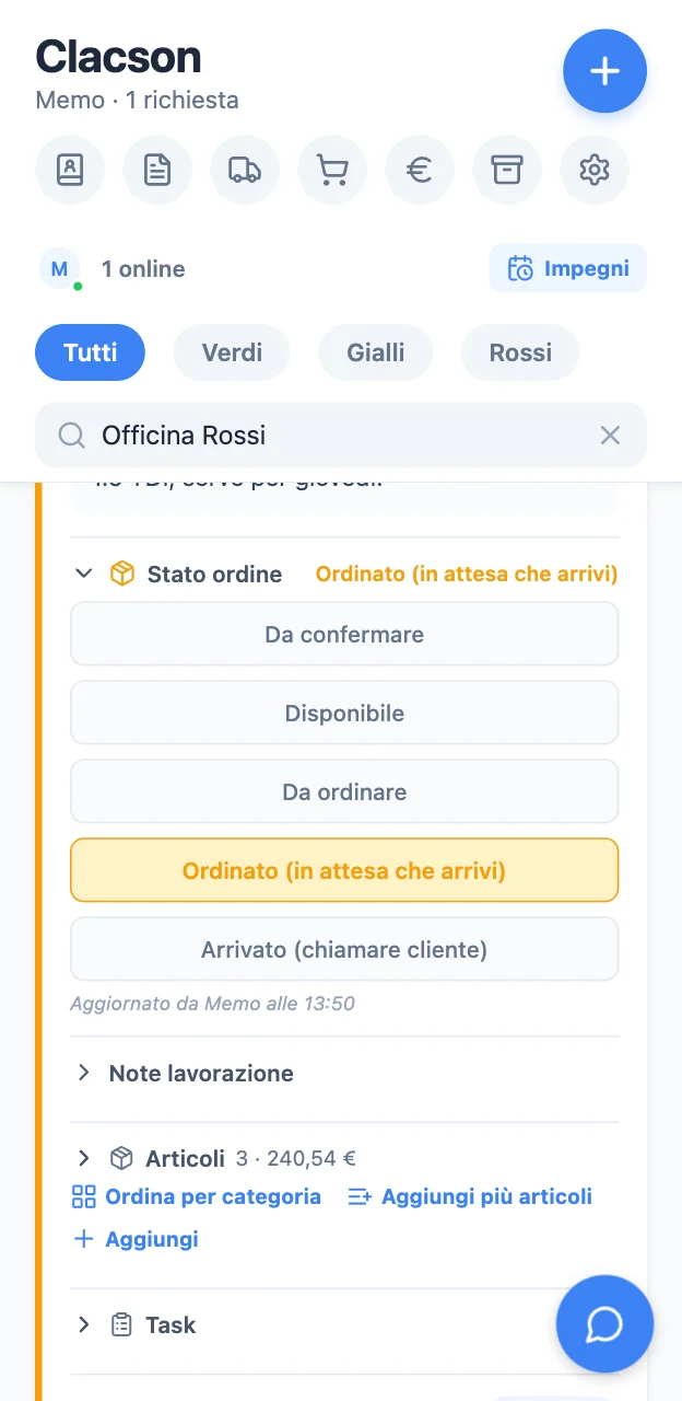 Selettore dello stato ordine su una richiesta